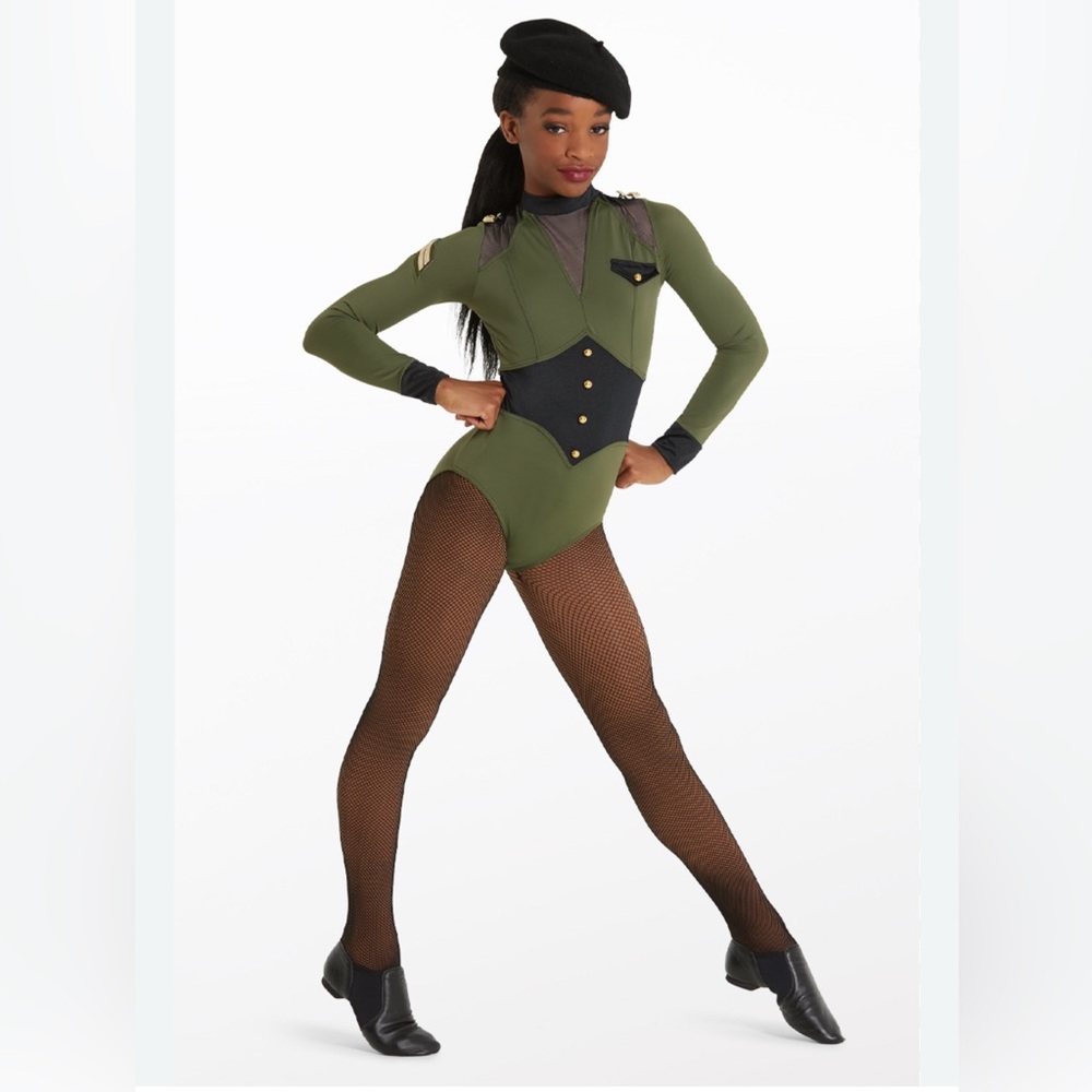 Weissman Kids dance costume Olive Green & Black Military gold buttons gymastics